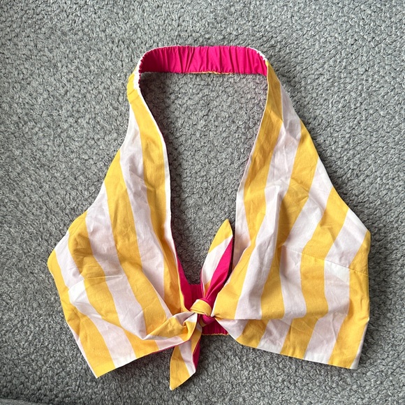 NWOT Farm Rio Reversible Striped Yellow/White + Pink Halter Top - Picture 1 of 5